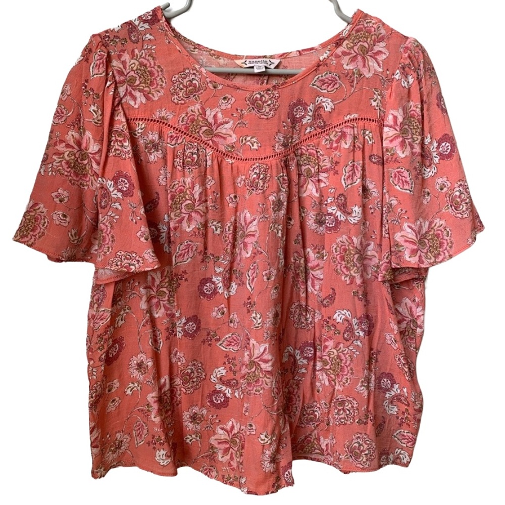 NANETTE LEPORE Women’s Coral Orange Floral Print Short Sleeve Blouse